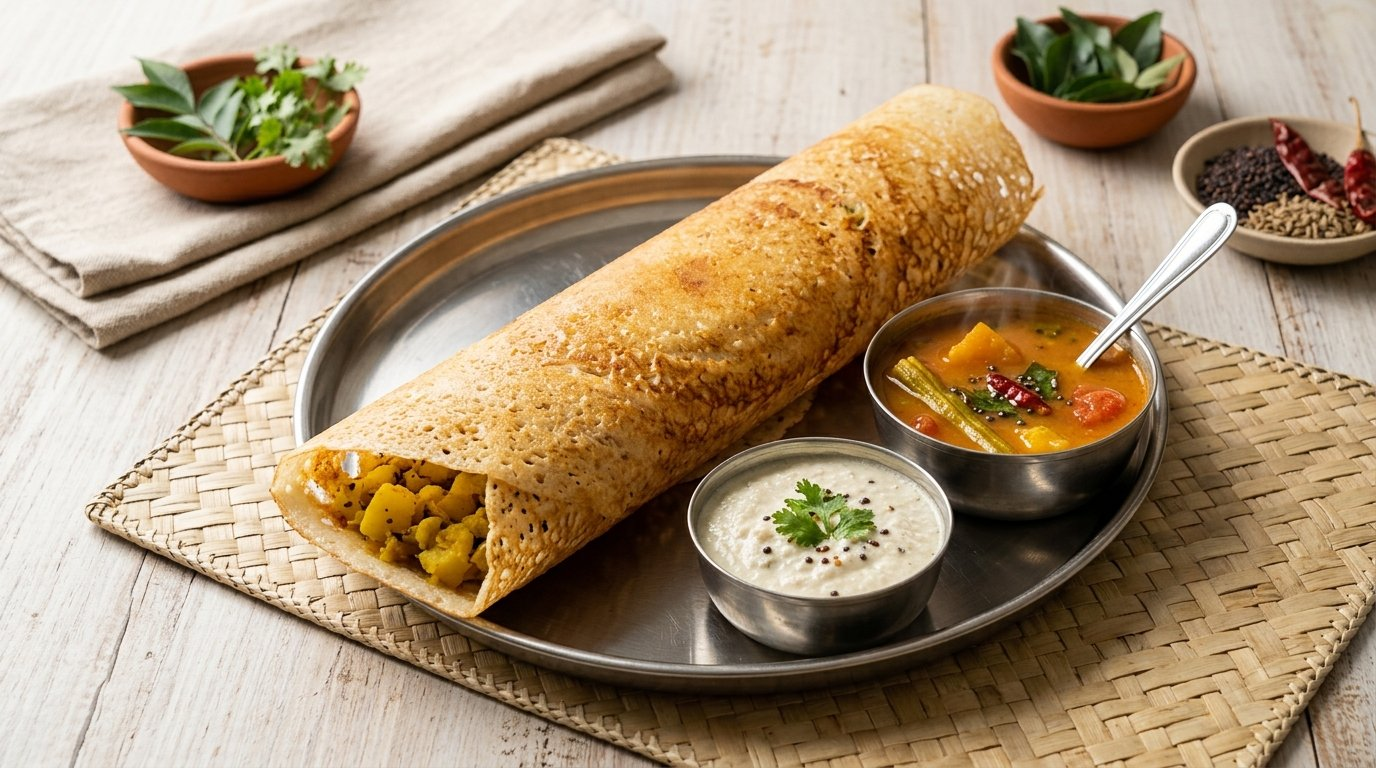 Masala dosa: crispy South Indian rice crepe with potato filling