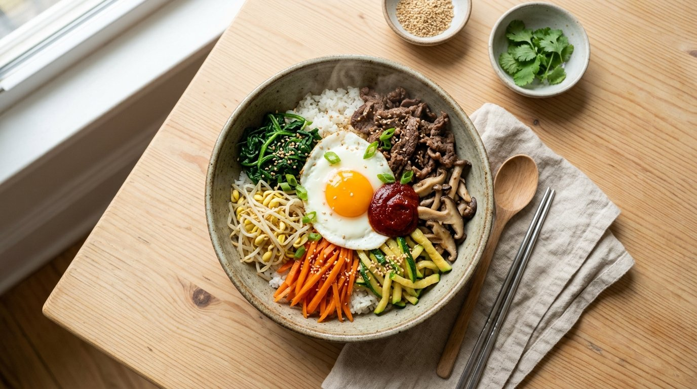 Bibimbap: a Korean mixed rice bowl with five colors